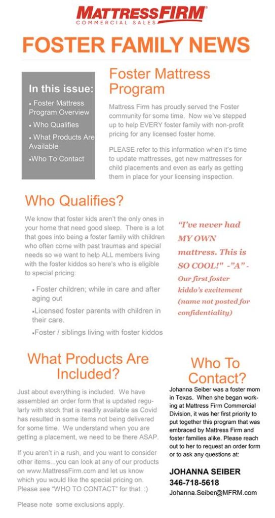 Deep Mattress Discounts for Foster Families A Second Chance Inc